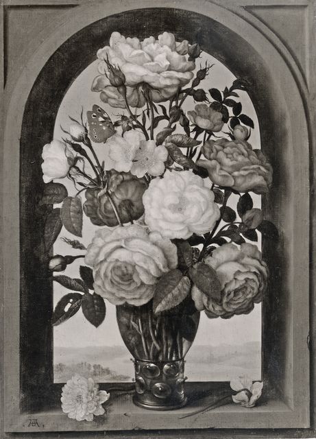 Anonimo — Bosschaert Ambrosius il Vecchio - sec. XVII - Natura morta con vaso di fiori entro nicchia con paesaggio — insieme